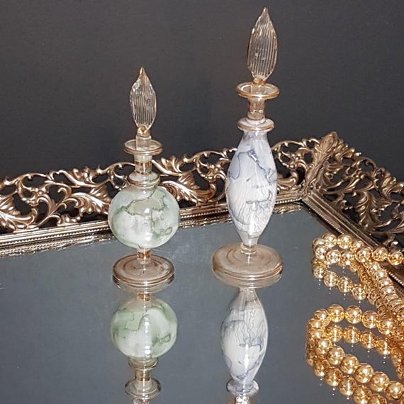 Victorian Blown Glass Perfume Bottles Vintage Marbled Vanity Set Of 2 Gold Trim Decor