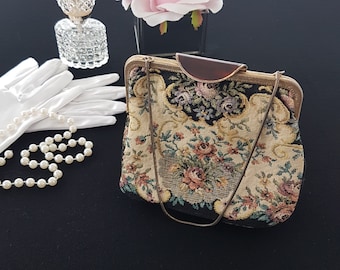 Vintage Floral Tapestry Evening with Chain, Hang From Wrist, Made in West Germany, 1960s-1970s