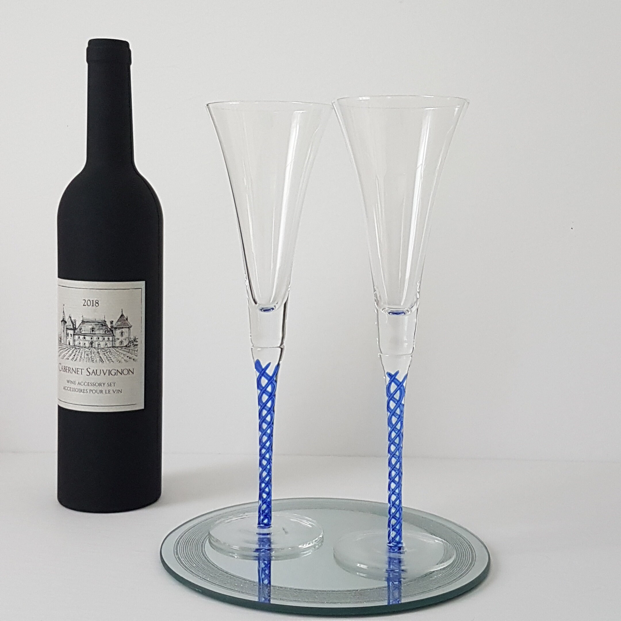 Hand Blown Glass Champagne Flutes with Twisted Blue Stems, Set of 2