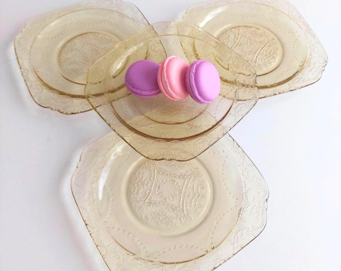 Federal Glass Madrid Amber Depression Era Square Side Plates Set of 4 Collectible Dinnerware