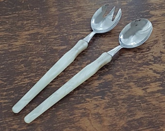 Vintage Salatbesteck-Set, lange Griffe aus künstlichem Perlmutt, rostfrei, hergestellt in Deutschland