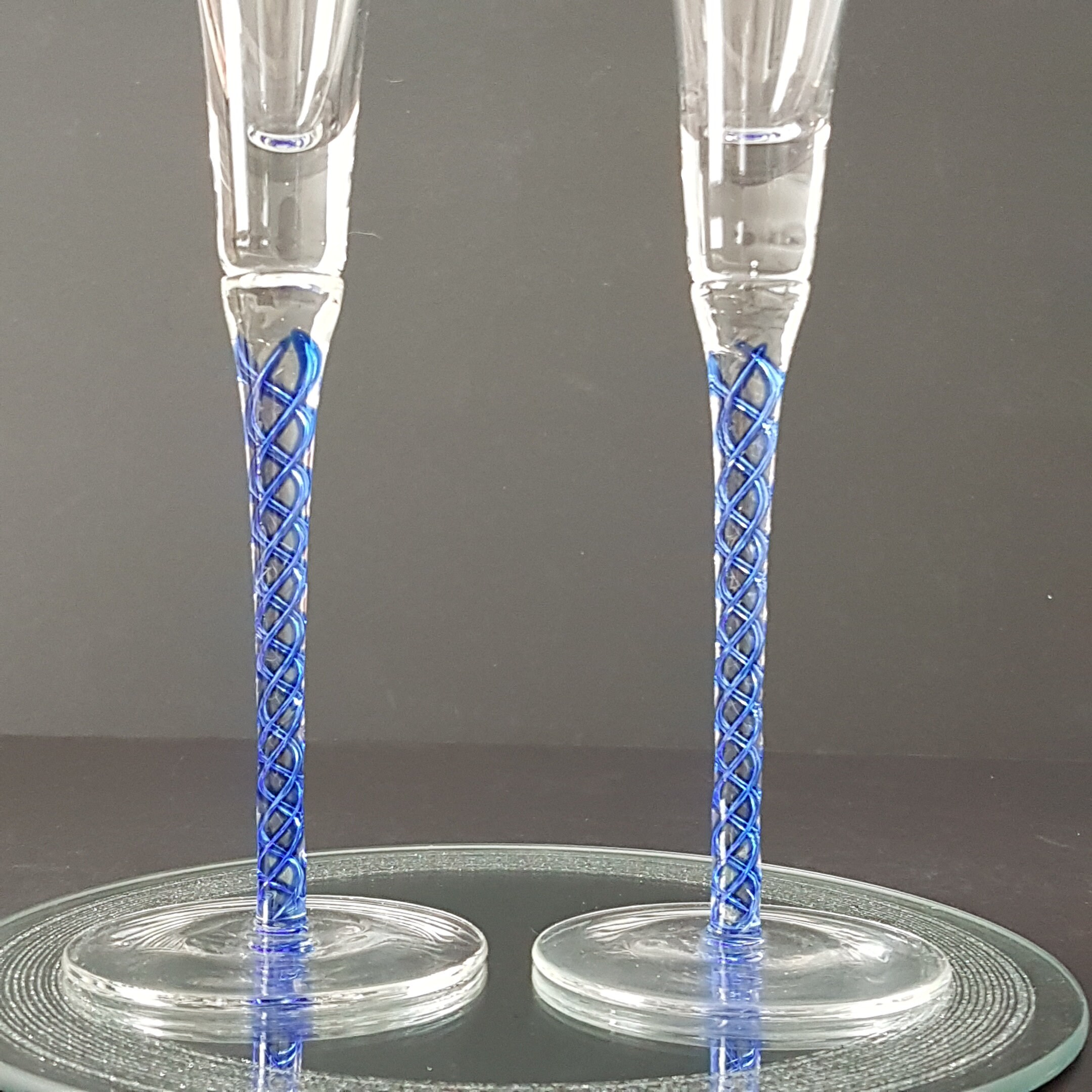 Hand Blown Glass Champagne Flutes with Twisted Blue Stems, Set of 2