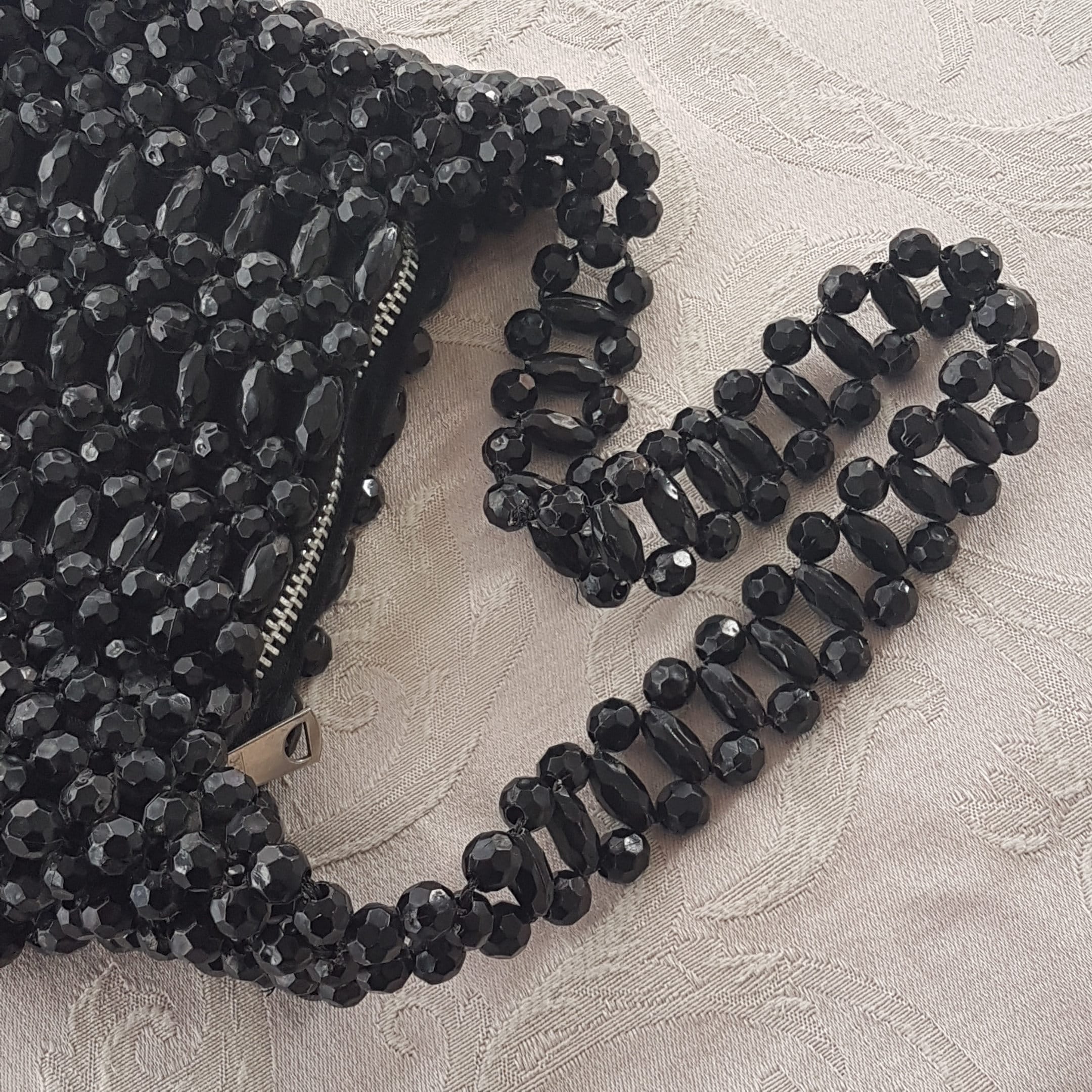 Black Beaded Bag, Vintage Beaded Purse, Zippered, Hand Made in Hong Kong