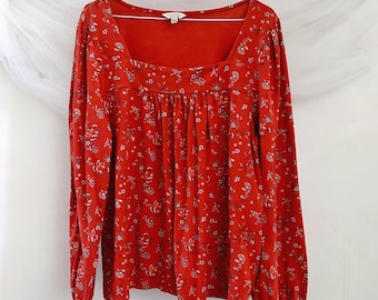 Lucky Brand Floral Square Neck Peasant Long Sleeve Pullover Top Size XL