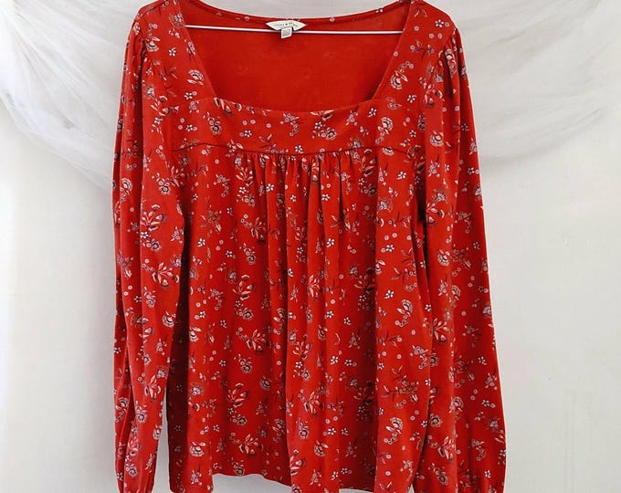 Lucky Brand Floral Square Neck Peasant Long Sleeve Pullover Top Size XL
