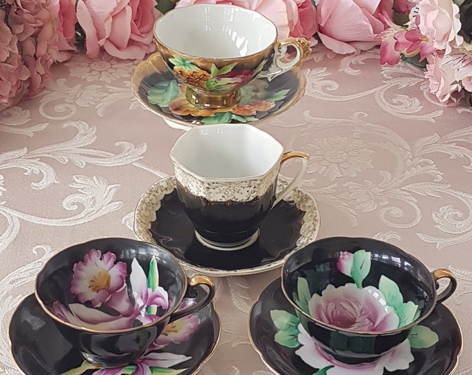 Bulk Lot of 4 Black Tea Cups and Saucers, Hand Painted, Made in Japan, High Tea, Bridal Shower, Baby Shower, Vintage Tea Cups