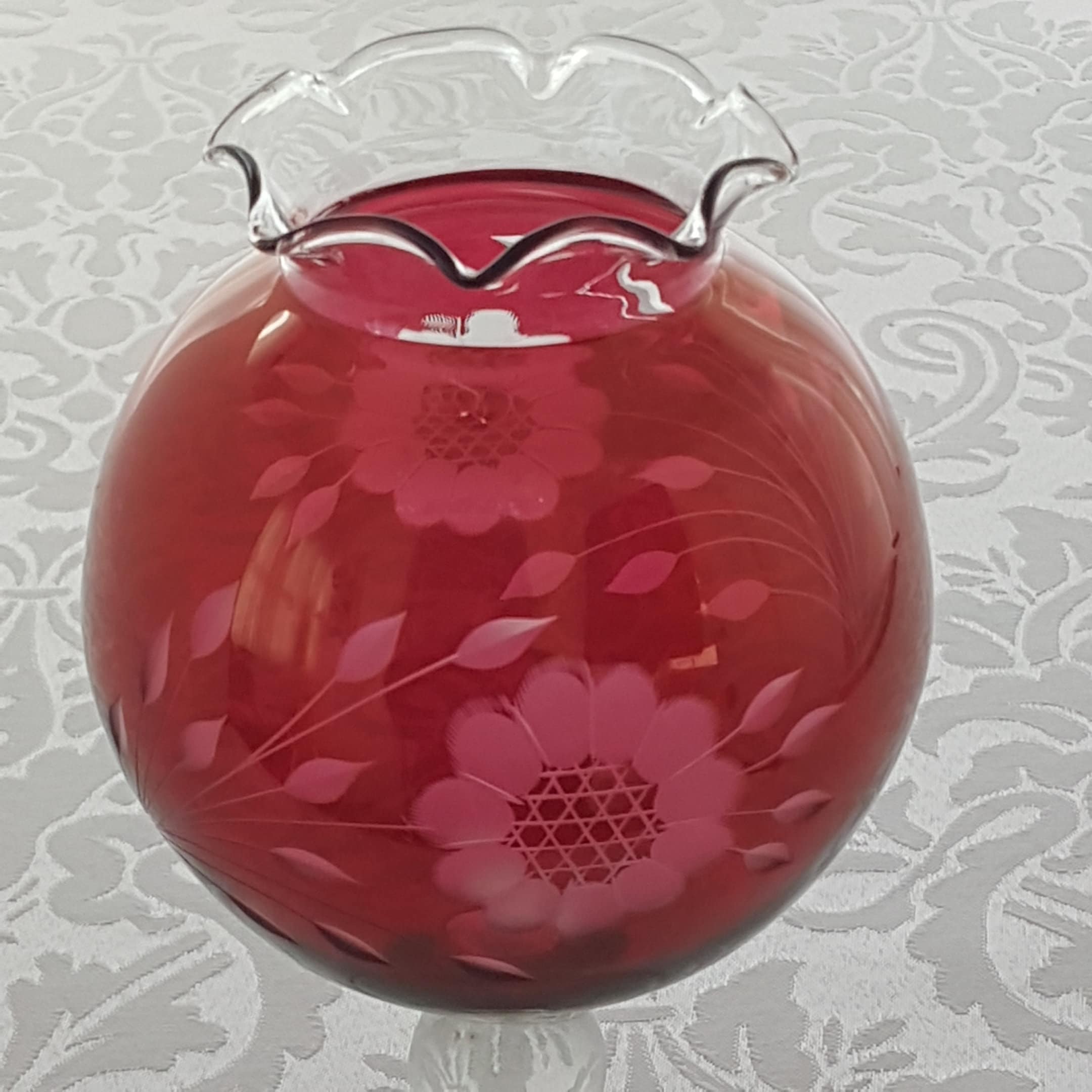 Cranberry Cut Glass Pedestal Rose Bowl Vase with Etched Cornflower