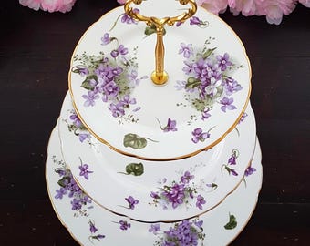 Handmade 3 Tier Cake Stand Hammersley Victorian Violets Bone China Tiered Dessert Stand for Elegant Wedding Decor or Gifts