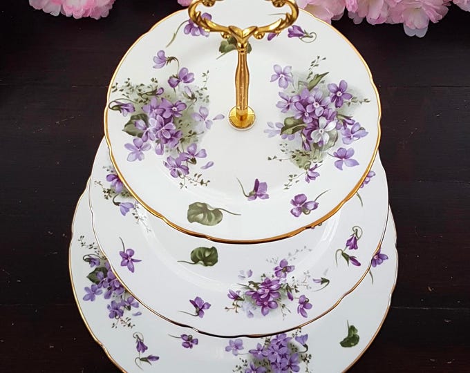 Handmade 3 Tier Cake Stand Hammersley Victorian Violets Bone China Tiered Dessert Stand for Elegant Wedding Decor or Gifts
