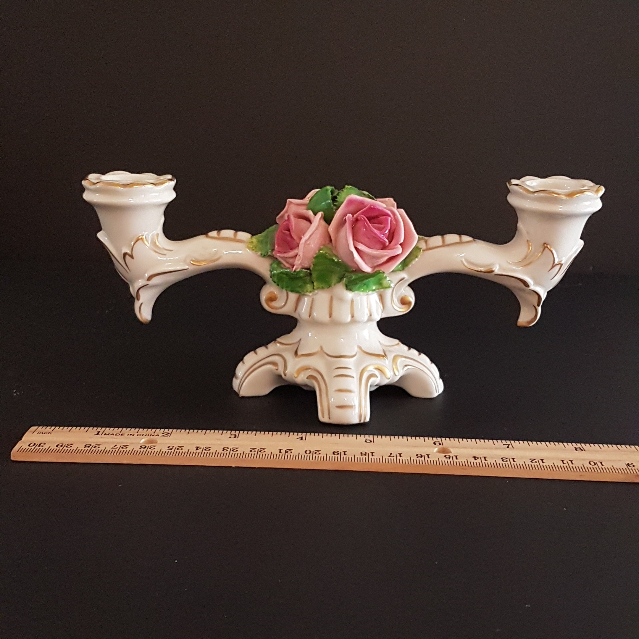 Porcelain Double Light Candlestick Holder, Pink Roses, Vintage Taper