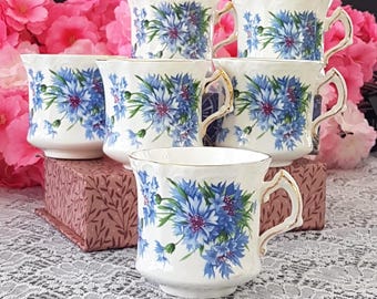 6pc Hammersley Cornflower Blue Coffee Cups Set - Bone China England
