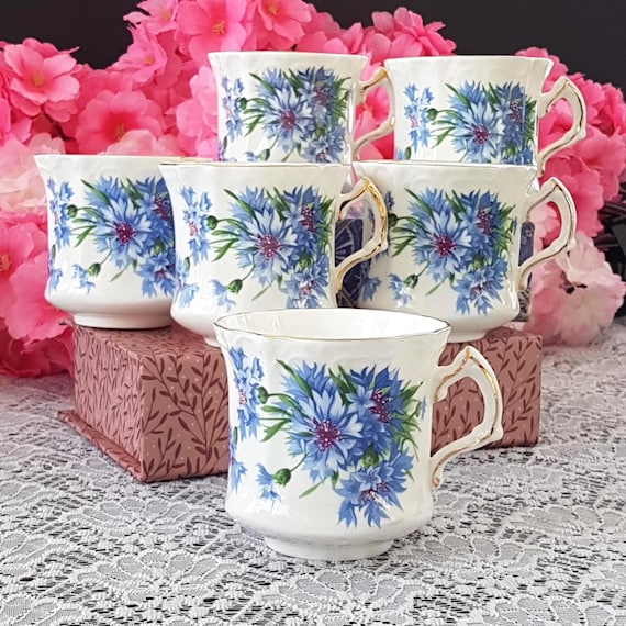 Vintage Hammersley Cornflower Blue Bone China Coffee Cup Set, England, Set of 6