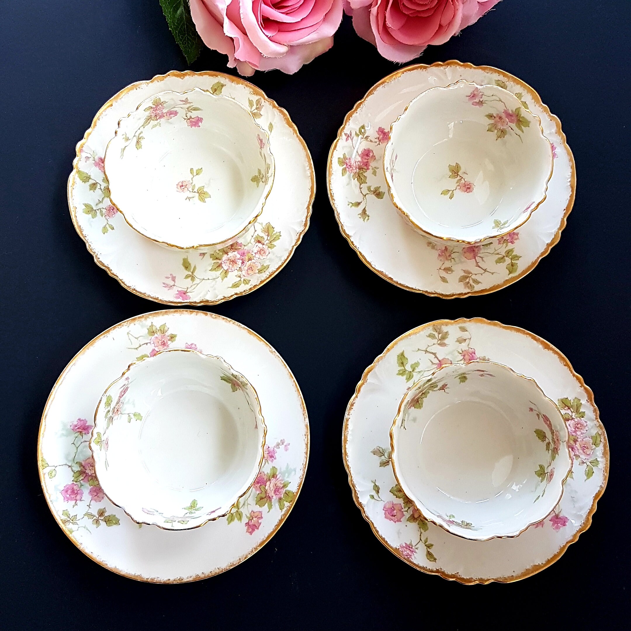 4 Dessert Bowls with Saucers, CH Field Haviland Limoges France, Pink