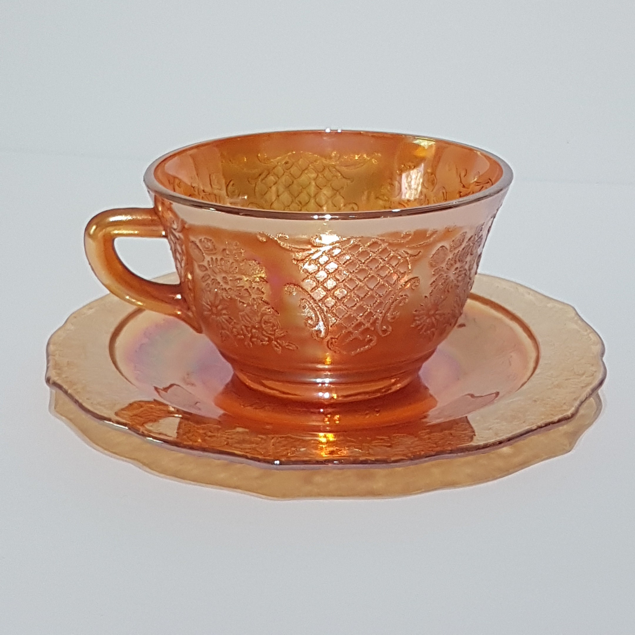 Federal Glass Normandie Marigold Iridescent Carnival Glass Tea Cup And