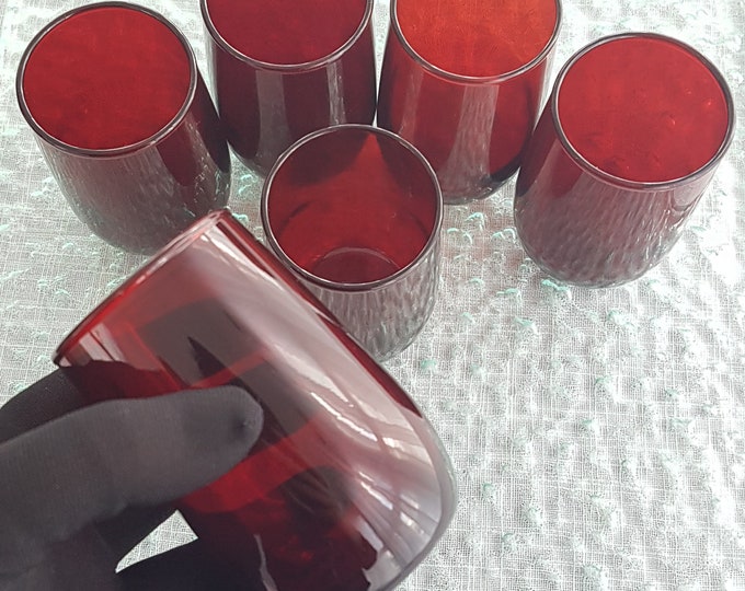 6pc Anchor Hocking ROLY POLY Royal Ruby Red Shot Glasses, 5oz Juice Glasses