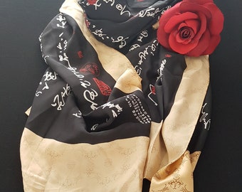 Vintage 100% Silk Scarf with Chinese Calligraphy Characters, Silk Shoulder Wrap