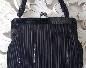 Jessica McClintock Black Beaded Evening Bag, Vintage Kiss Lock Clutch, Formal Wedding Guest Purse