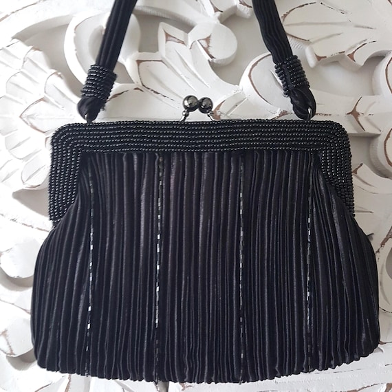 Jessica McClintock Black Beaded Evening Bag, Vintage Kiss Lock Clutch, Formal Wedding Guest Purse