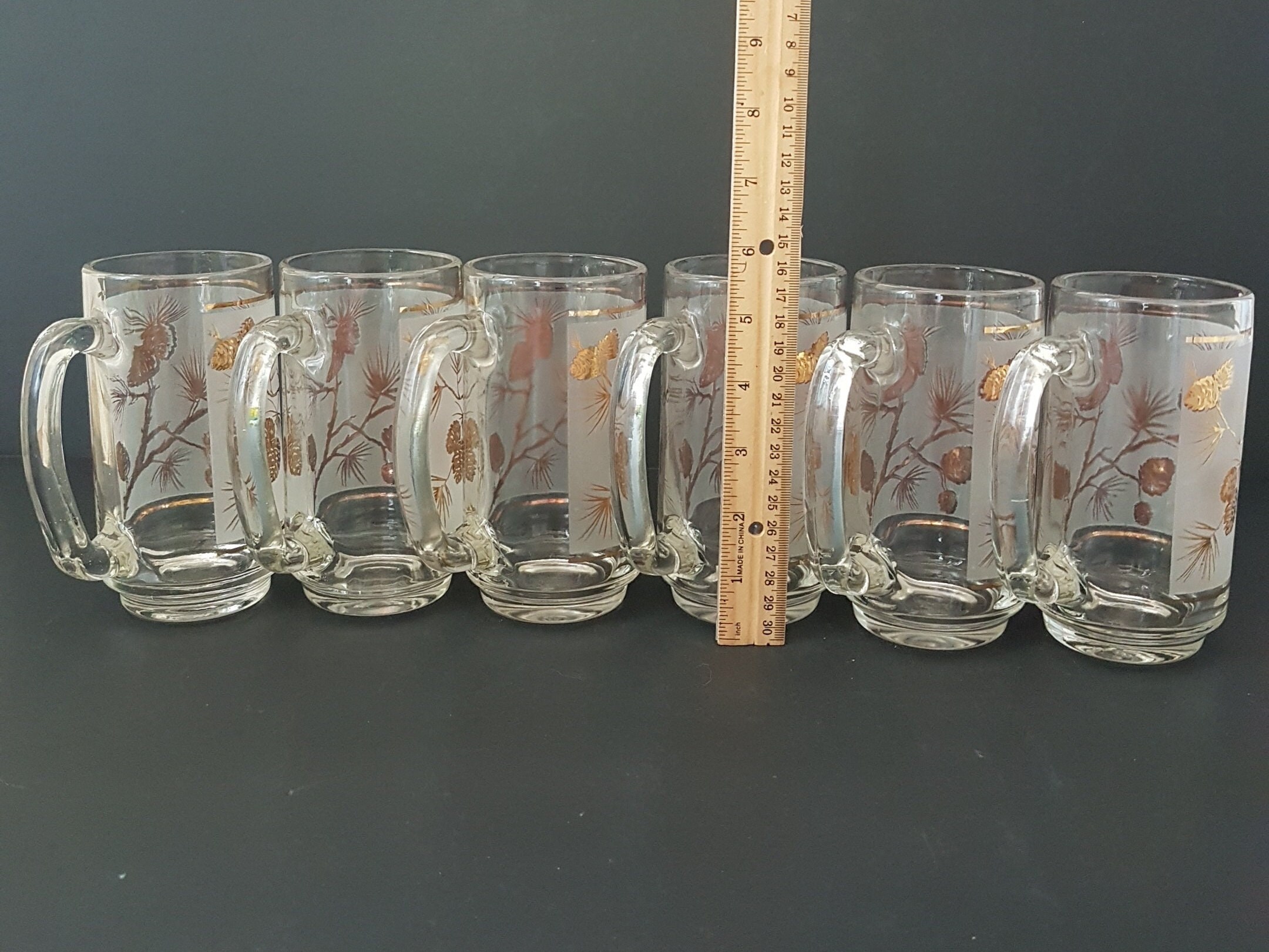 Glass Beer Mugs, Gold Pine Cones on Frosted Glass, Set of 6 Vintage Beer Glasses, Dominion