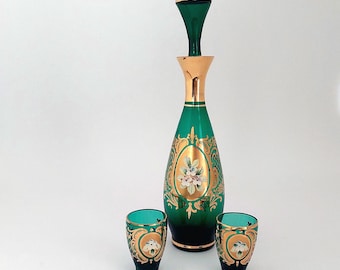 Murano Glass Decanter Set – Hand-Painted Venetian Floral Liqueur Glasses