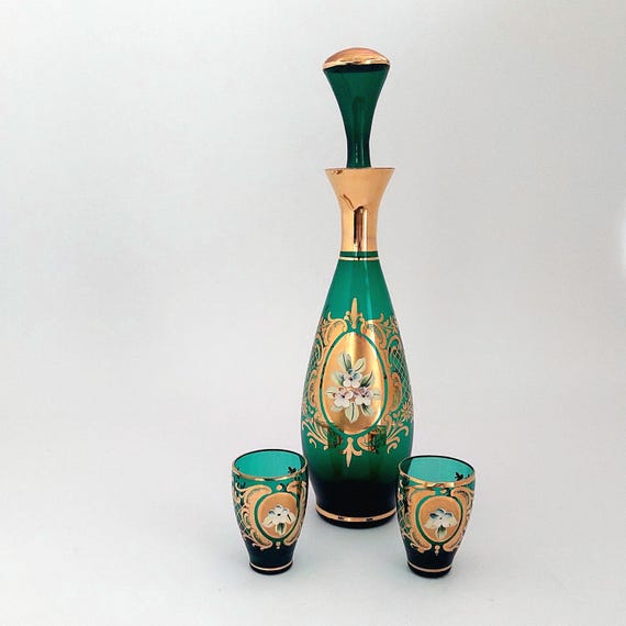 Murano Glass Decanter Set – Hand-Painted Venetian Floral Liqueur Glasses
