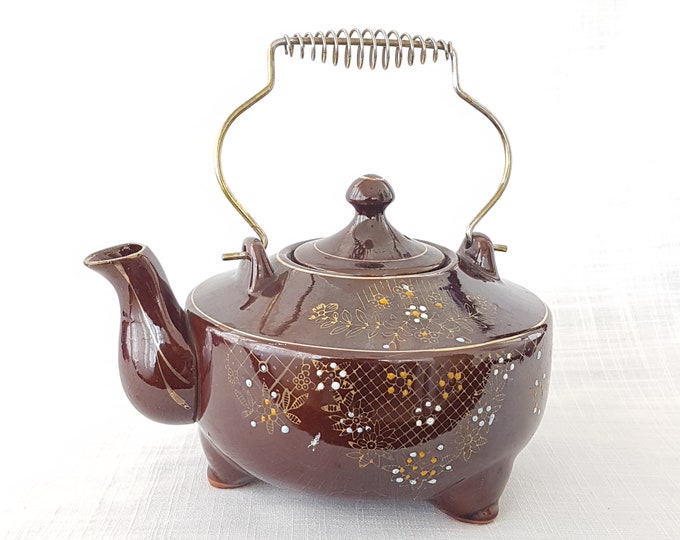 Hand Painted Brown Teapot with Coiled Metal Handle, Mid Century Japan