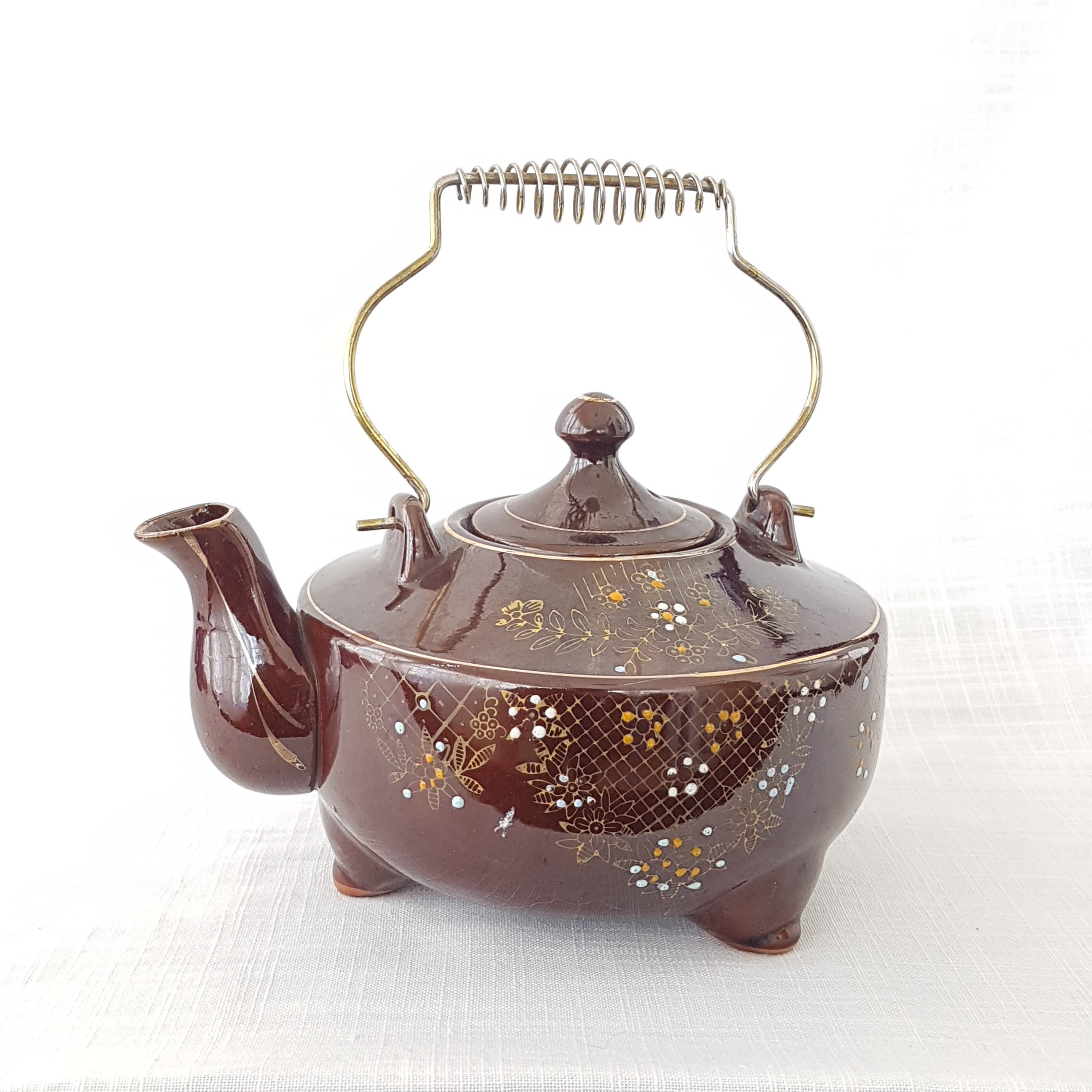 Hand Painted Brown Teapot with Coiled Metal Handle, Mid Century Japan