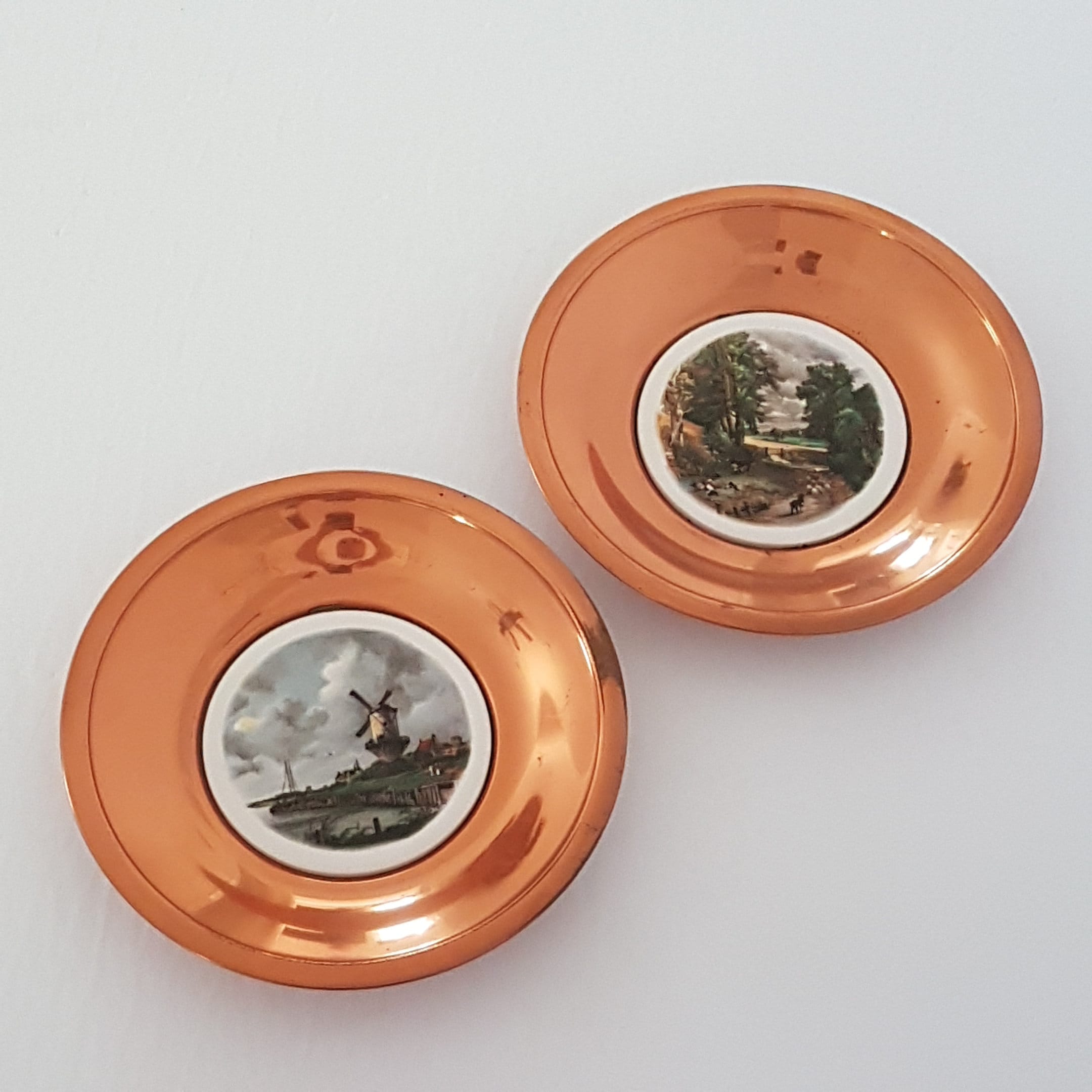 Pair Copper Round Frame, Vintage Ceramic Tile on Copper, Made in