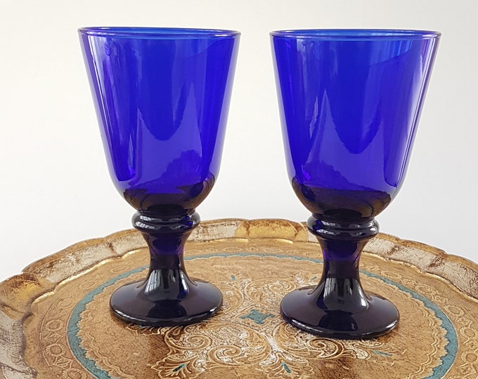 Libbey Cobalt Blue Flare Water Goblets, 12oz Wine Glasses, Set of 2