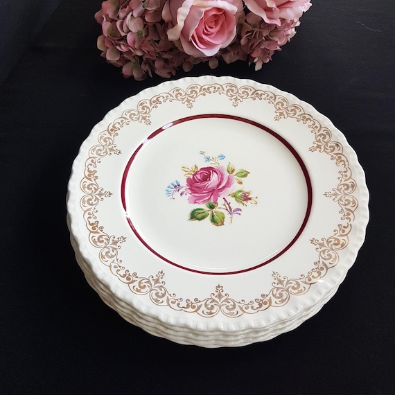 Grindley Ironstone Dinner Plates Cream Petal Pink Rose Gold Scroll Set of 2 England