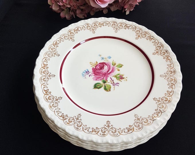 Grindley Ironstone Dinner Plates Cream Petal Pink Rose Gold Scroll Set of 2 England