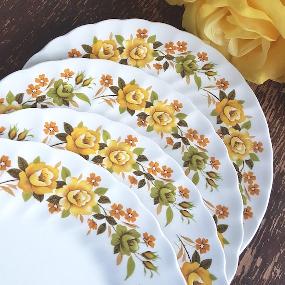 Vintage Myott Chantilly Side Plates, Set of 4 Yellow Floral Ironstone, Swirl Rim, England