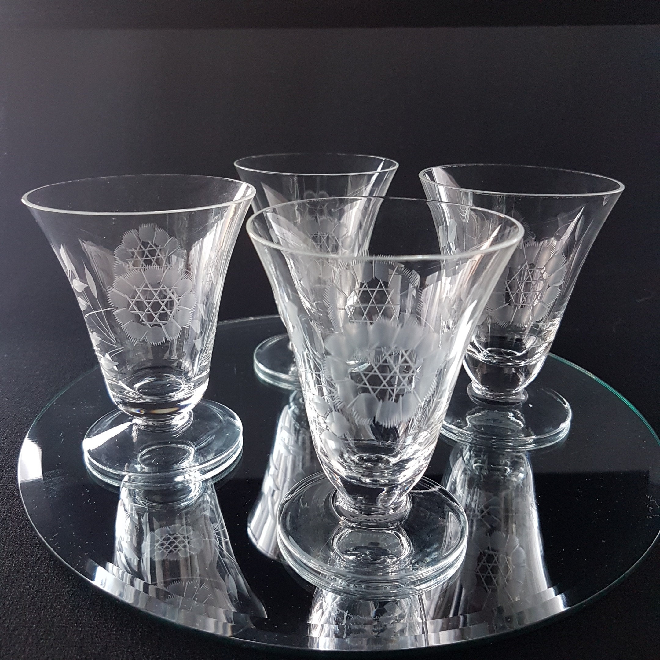 Hughes Cornflower Crystal Juice Glasses, Optic, Etched 12 Petal, Set of 4