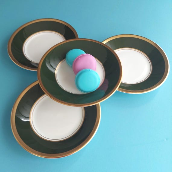 Coalport Ventura Side Plates Fine Bone China Dark Green Gold 5.75" Set of 4 England