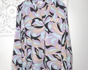 Calvin Klein Pastel Long Sleeve Button Front Printed Chiffon Blouse Size XL