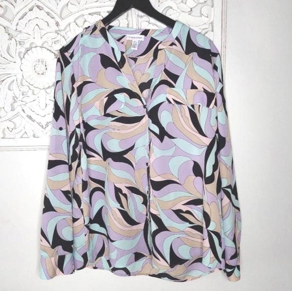 Calvin Klein Pastel Long Sleeve Button Front Printed Chiffon Blouse Size XL