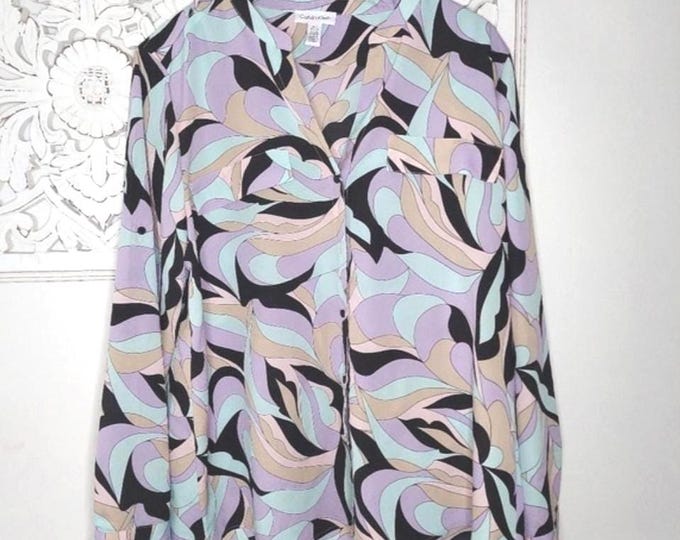 Calvin Klein Pastel Long Sleeve Button Front Printed Chiffon Blouse Size XL