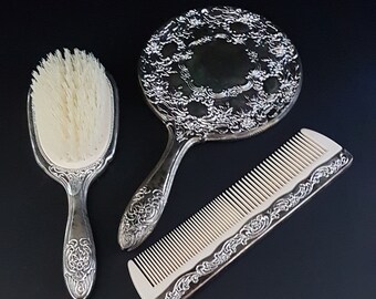 Vintage Hand Mirror Comb Brush Set, Silver Plated Vintage Vanity Set, Original Box, Dressing Table Decor, Mid Century, Gifts for Her