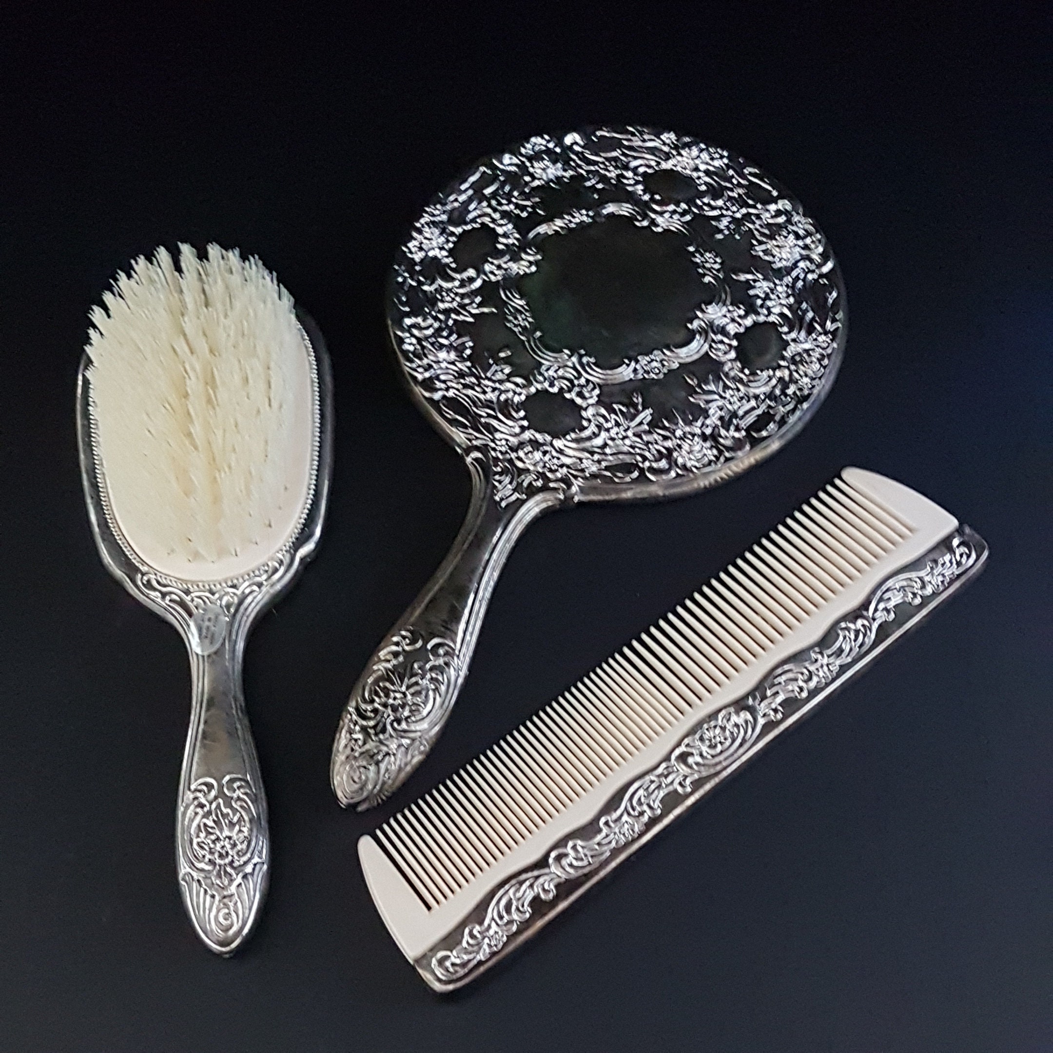 Vintage Hand Mirror Comb Brush Set, Silver Plated Vintage Vanity Set