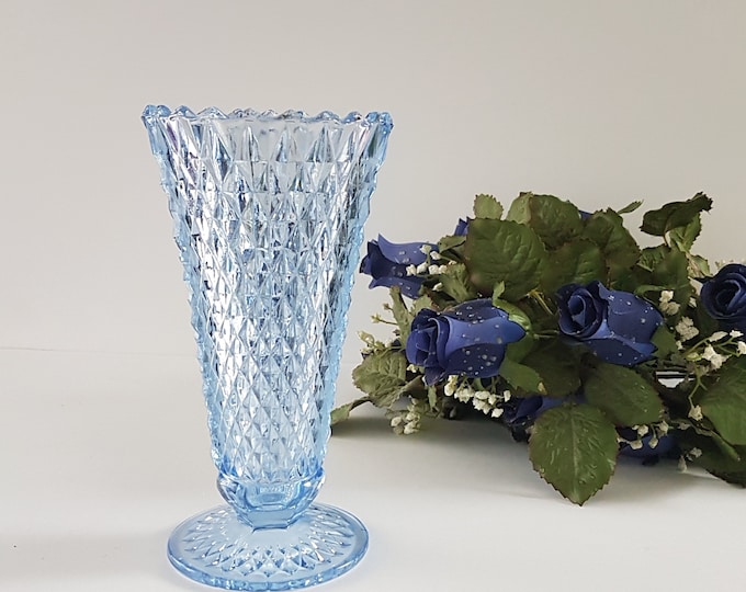 Indiana Glass Regal Blue DIAMOND POINT Flower Vase, 8 inch