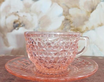 Vintage Jeannette Pink Depression Glass Tea Cup & Saucer - Holiday Buttons and Bows Pattern