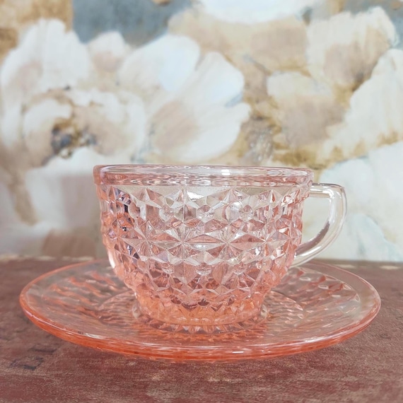 Vintage Jeannette Pink Depression Glass Tea Cup & Saucer - Holiday Buttons and Bows Pattern