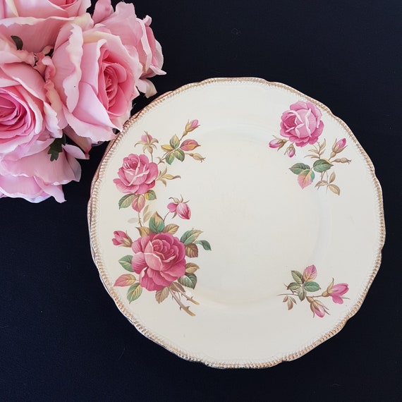 Vintage Royal Swan Dinner Plates: Set of 5 Pink Burslem Rose, English China