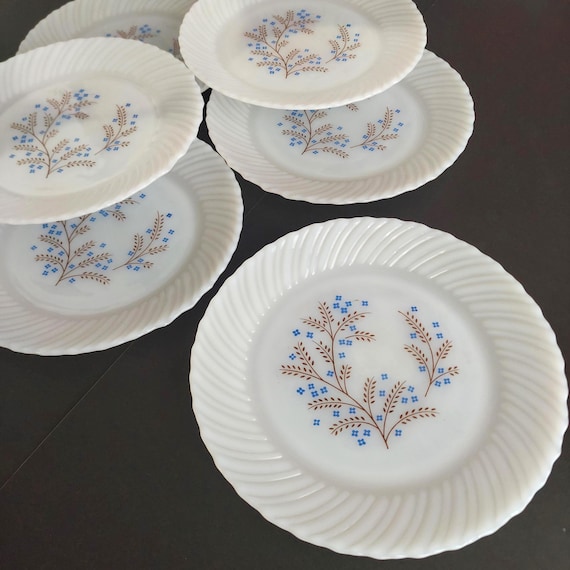 Vintage Blue Floral Milk Glass Luncheon Plate Set 1960s Termocisa Mexico Opal Dinnerware