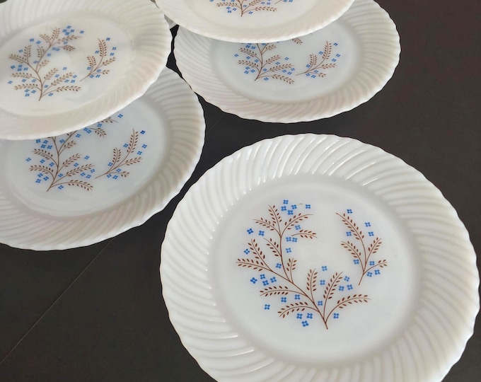 Vintage Blue Floral Milk Glass Luncheon Plate Set 1960s Termocisa Mexico Opal Dinnerware