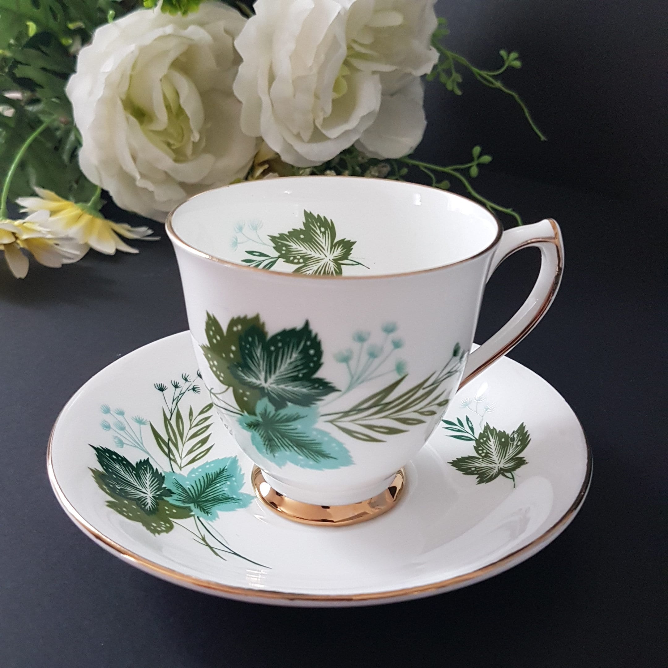 Tea Cup and Saucer, Green Leaf, Blue Flowers, Vintage Elizabethan Fine
