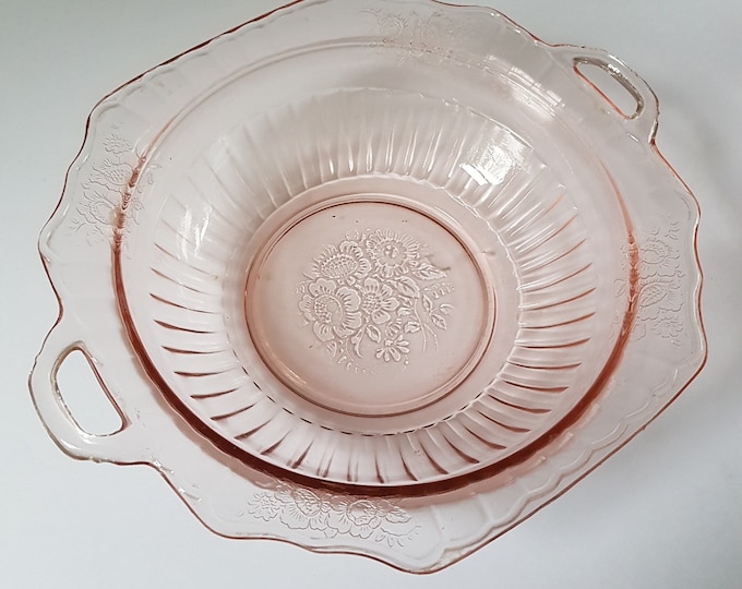 Pink MAYFAIR or OPEN ROSE Handled Vegetable Serving Bowl, Anchor Hocking Pink Depression Glassware, Collectible Glass, 1930s