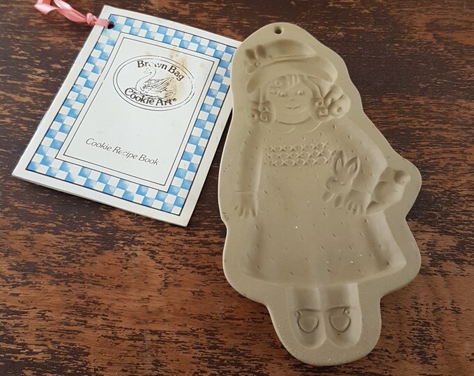 Brown Bag Cookie Art, Girl with Bunny, Brown Bag Cookie Mold, 1992 Hill Design with Pamphlet