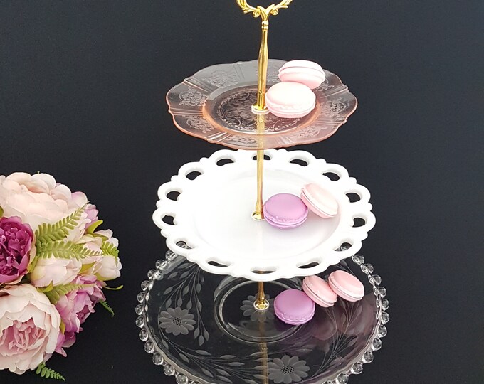 3 Tier Cake Stand, Mismatched Hughes Cornflower, Milk Glass, Pink Depression Glass, Afternoon Tea Party Serving Tray