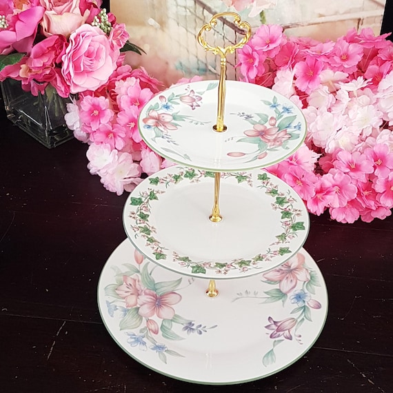 Floral 3 Tier Bone China Cake Stand: Handmade Tea Party Serving Tray